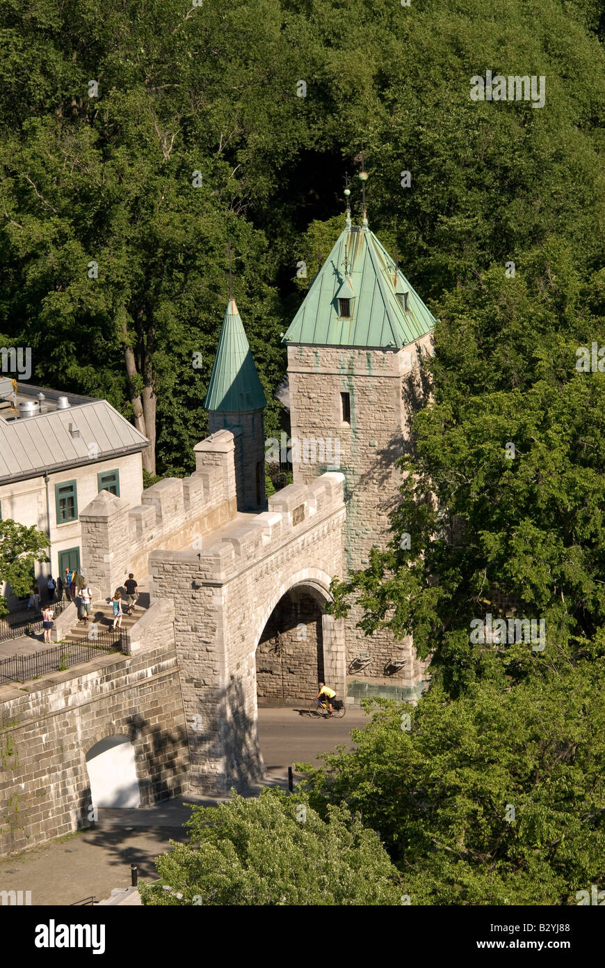 Aerial above city gate old Quebec City summer Ville de Québec capital
