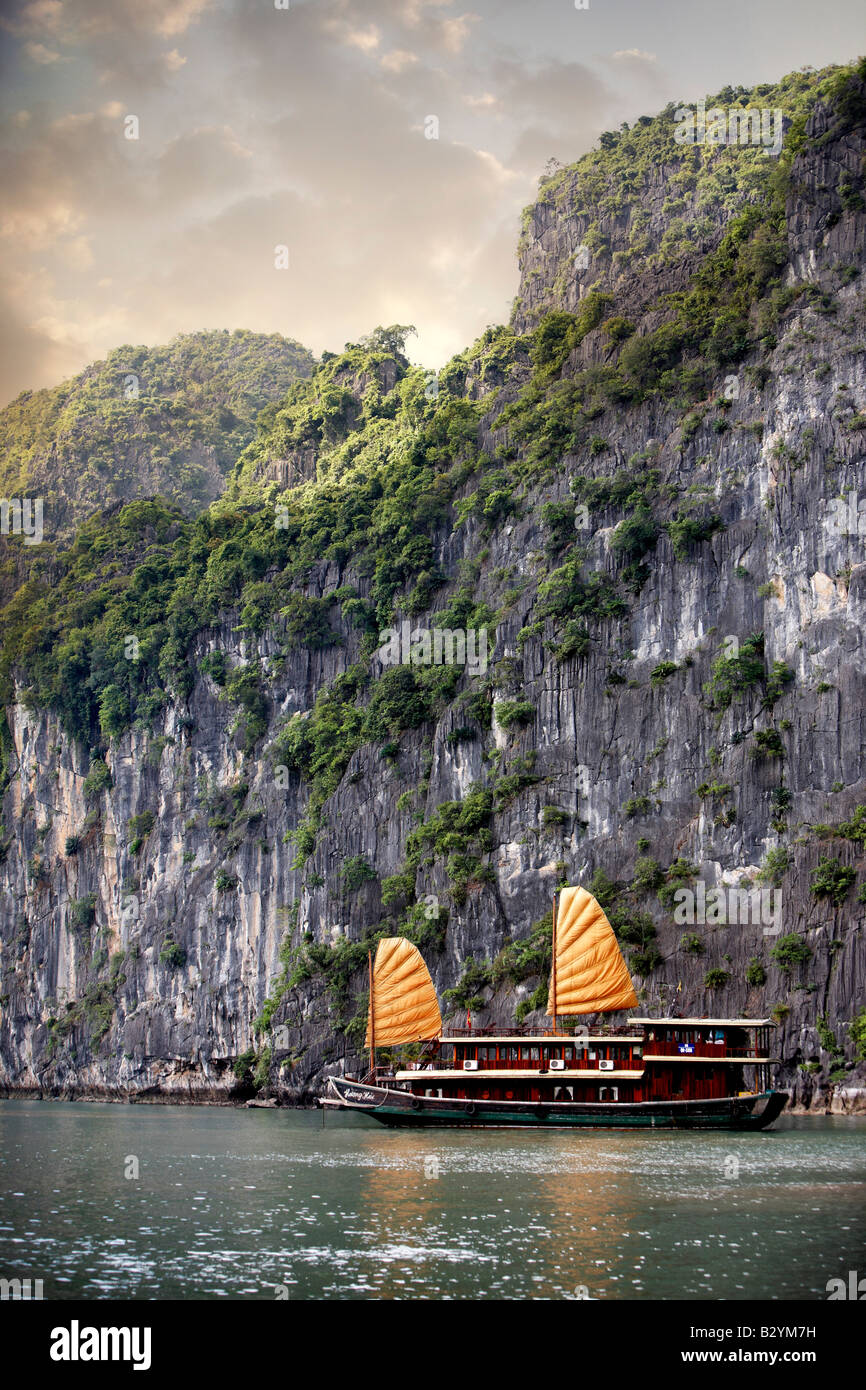 A Vietnamese junk boat cruises Ha Long Bay next scenic limestone cliffs ...