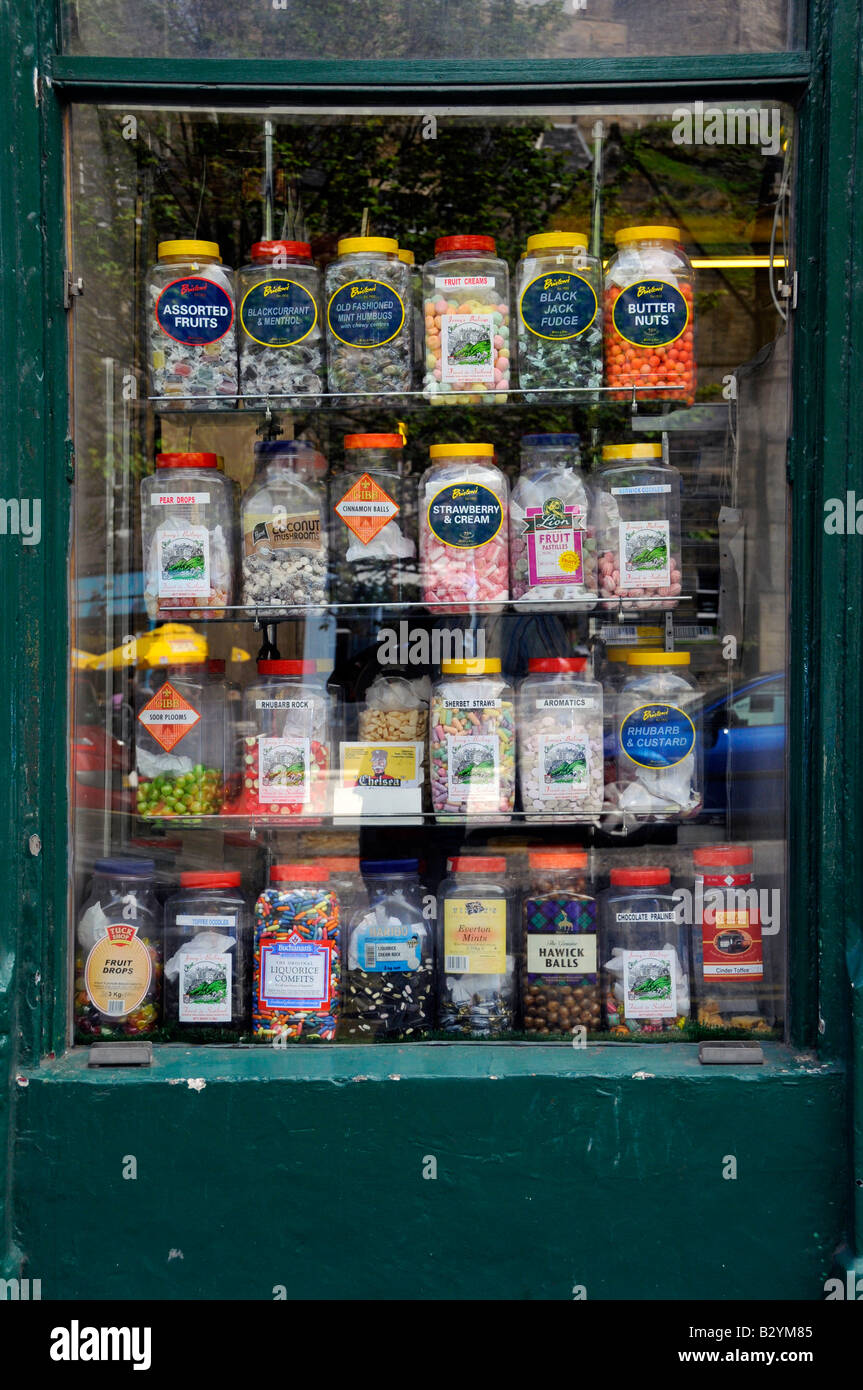 Old Fashioned sweet shop window,Grassmarket,Edinburgh,Scotland Stock Photo