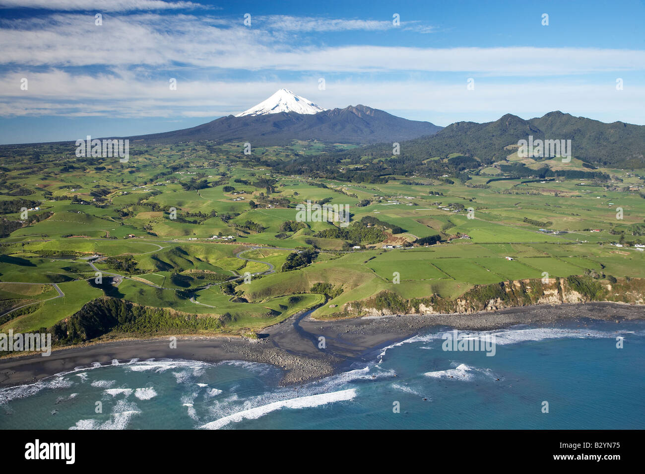 Taranaki Coastline near New Plymouth Farmland and Mt Taranaki Mt Egmont