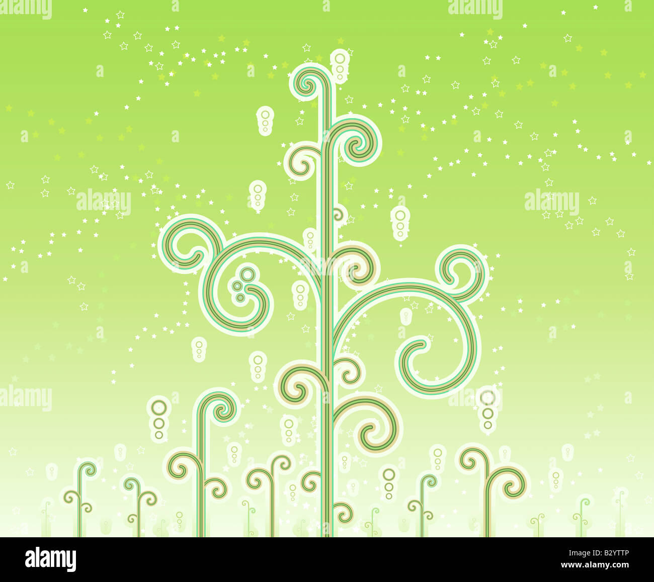 Vector illustration of lovely swirly magic trees with magical stars and horizon gradient effect Stock Photo