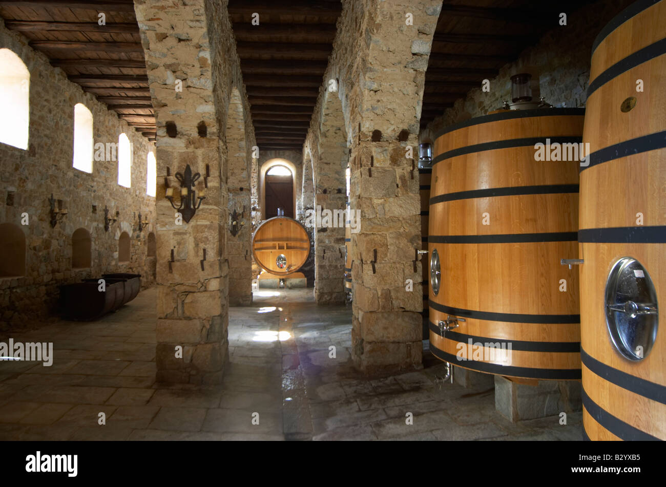 Wine cellar. The Tsantalis sponsored monastery. Mount Athos. Tsantali Vineyards & Winery, Halkidiki, Macedonia, Greece. Metoxi Stock Photo