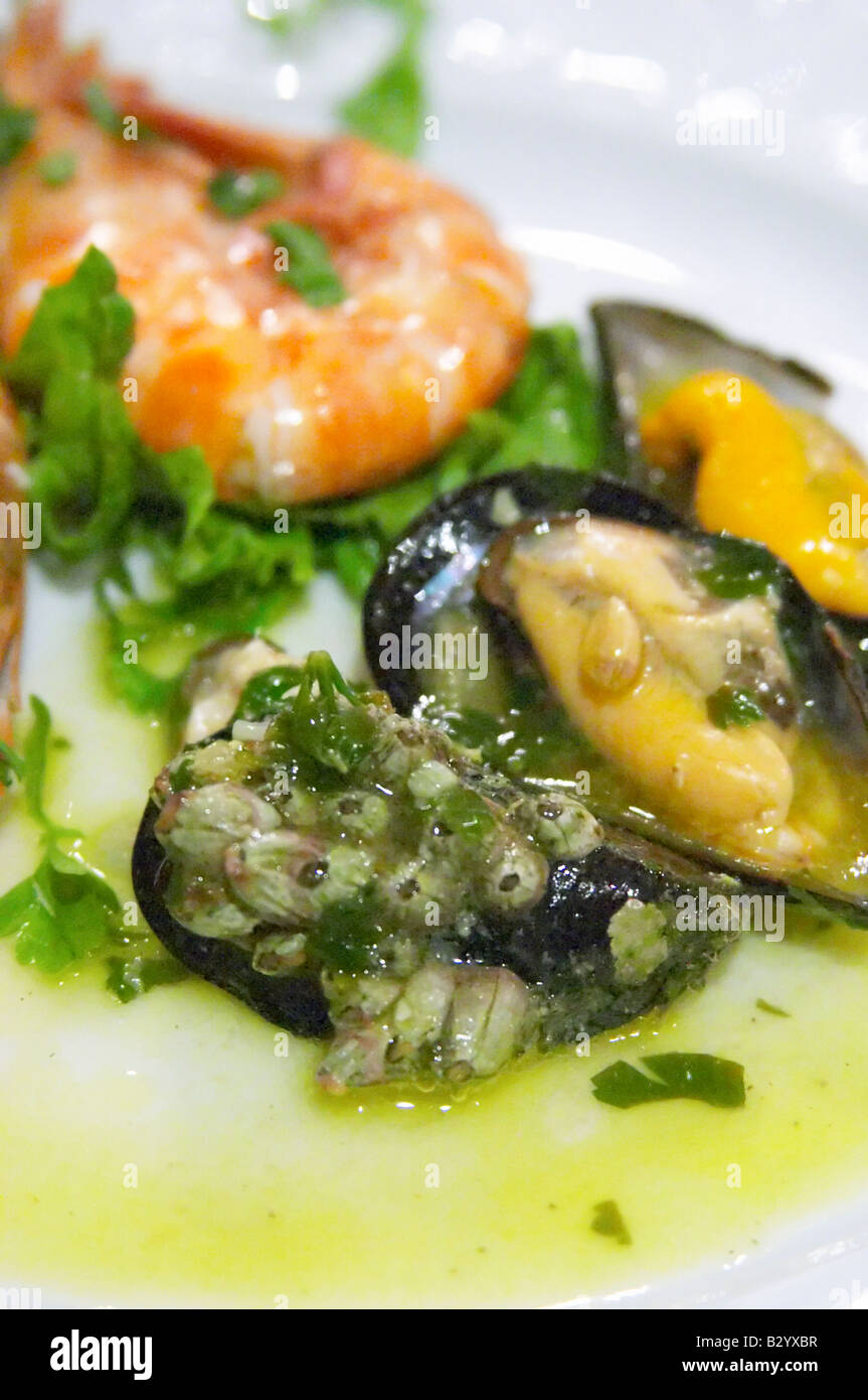 Shrimps. Mussles. Restaurant Berdema Ton Gefseon. Drama, Macedonia, Greece Stock Photo