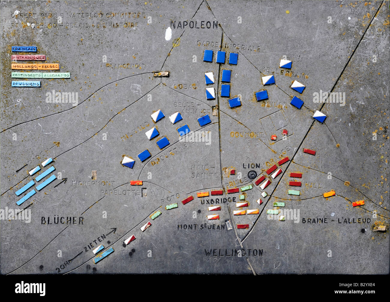 Plaque showing the location of the various armies in the Battle of Waterloo, 18 June 1815. Stock Photo