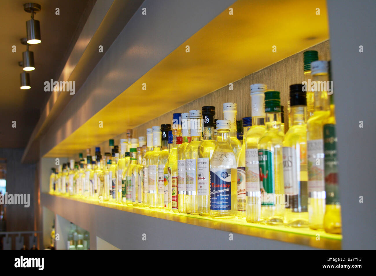 Large selection of Ouzo and Tsipouro in the bar. YaMas restaurant on the waterfront. Thessaloniki, Macedonia, Greece Stock Photo