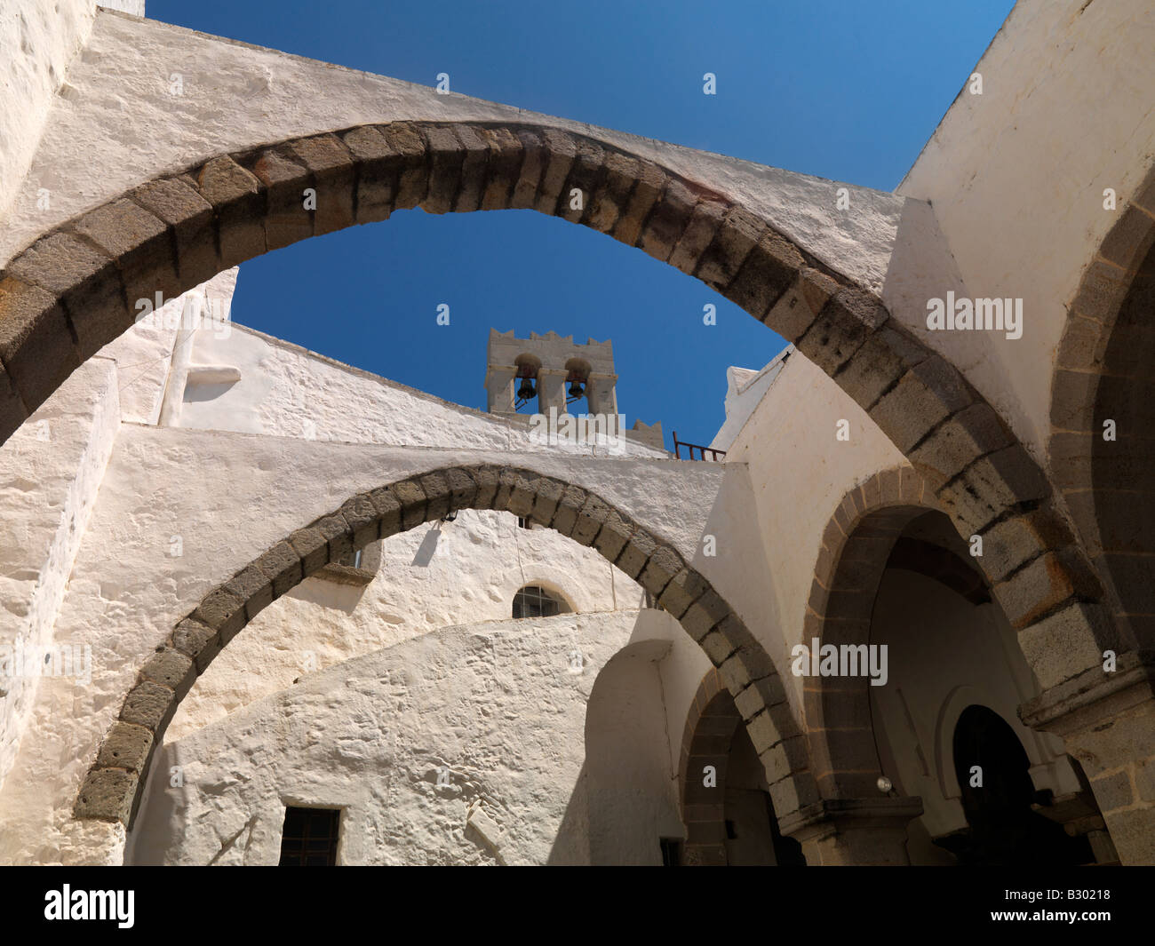 Patmos Greece Arches and Bells at the Monastery of Saint John the Theologian Stock Photo