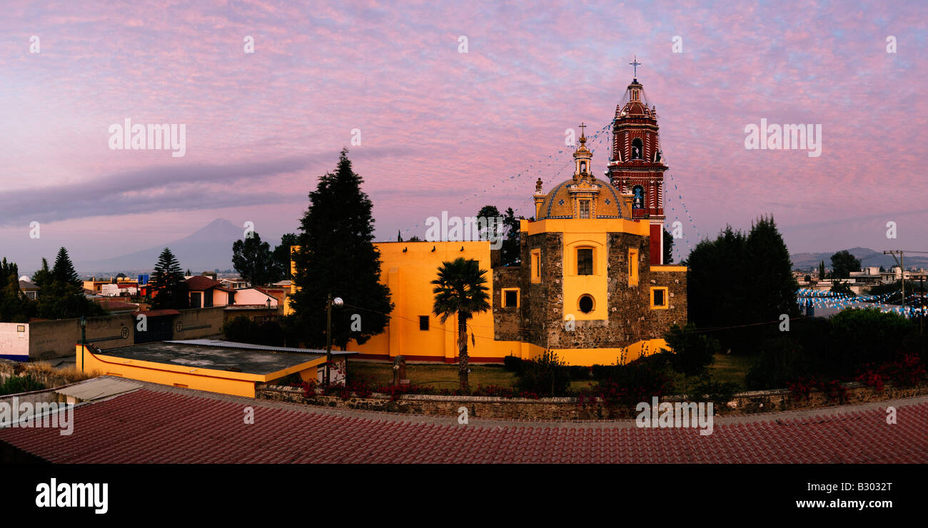 Church of Santa Maria, Popocatepetl Volcano in Background, Tonantzintla, Cholula, Mexico Stock Photo