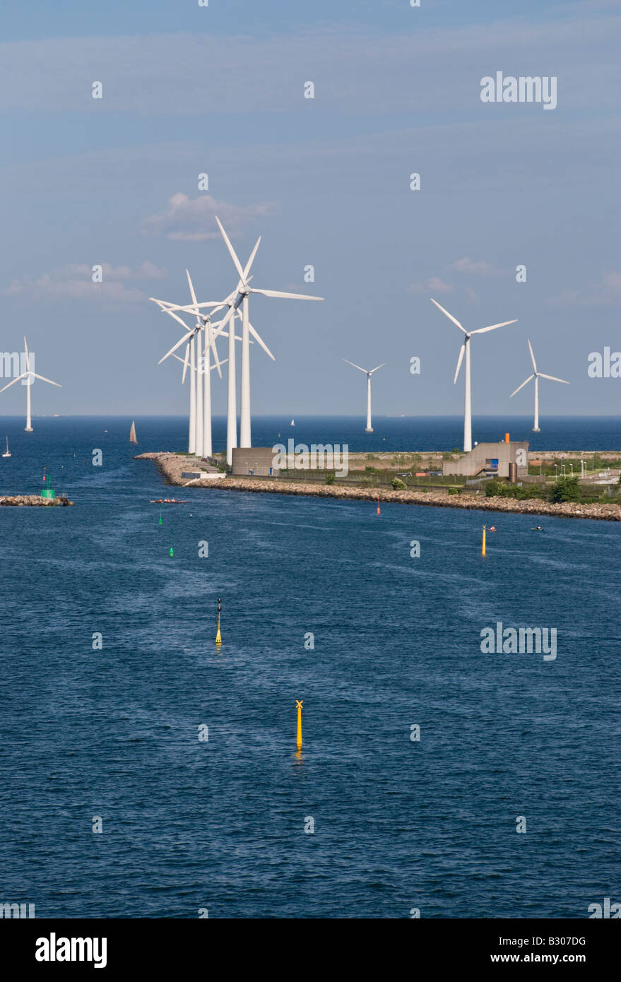 Wind turbines Copenhagen harbour entrance Stock Photo