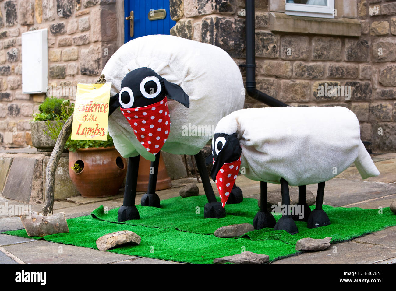 two sheep as scarecrows in the Wray festival Stock Photo