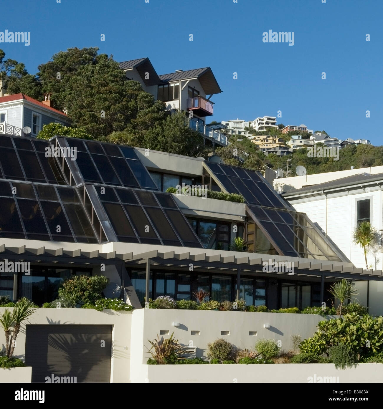 Postmodern apartments fronting Wellington Harbour, New Zealand Stock
