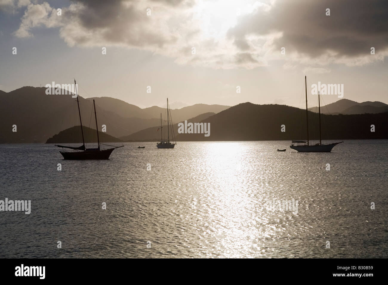 Late pm over Coral Bay and anchored sailboats on the Caribbean Island of St John in the US Virgin Islands Stock Photo