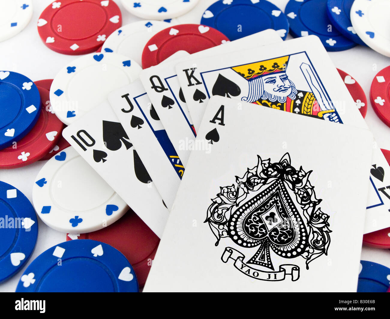 Red White and Blue Poker Chips and Royal Flush on White Background