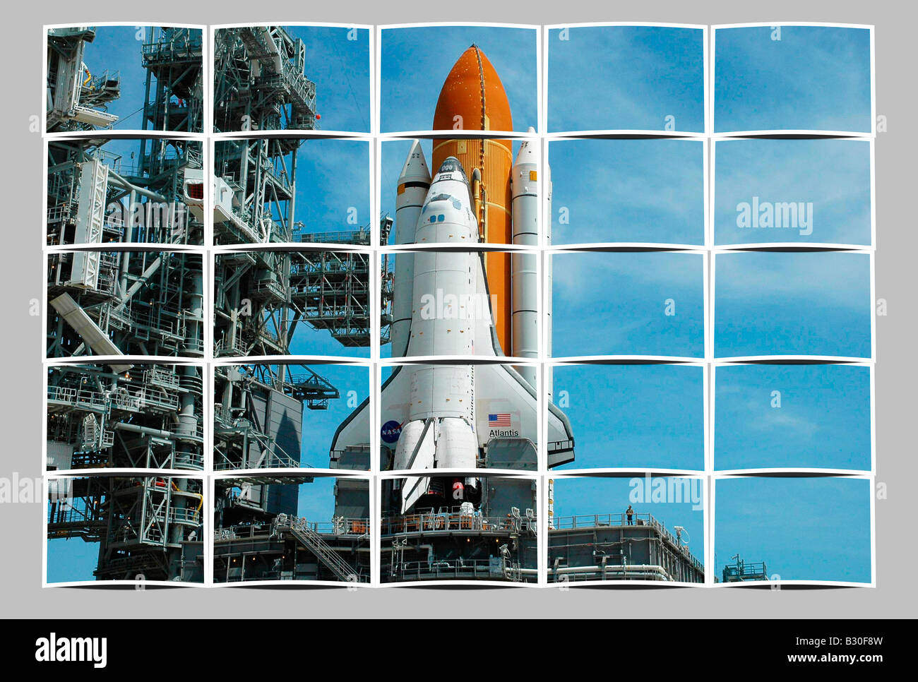 tiled photograph of NASA shuttle Atlantis on launch ramp at Cape ...