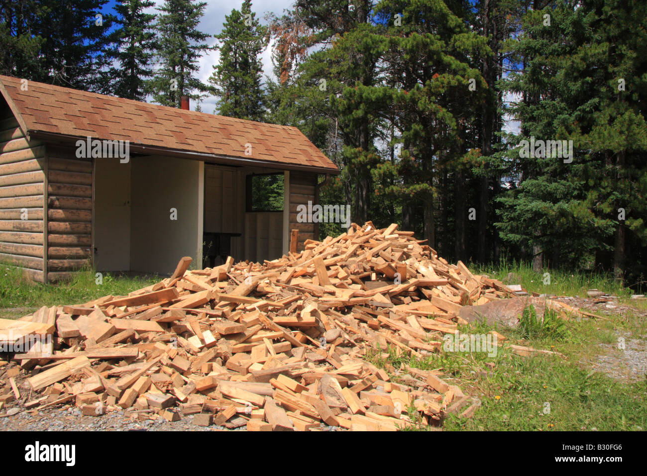 Firewood at campsite, Kananaskis Country, Alberta Stock Photo