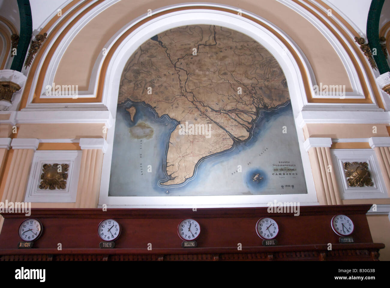Map of southern Vietnam from French colonial period interior of main post office Saigon Vietnam Stock Photo