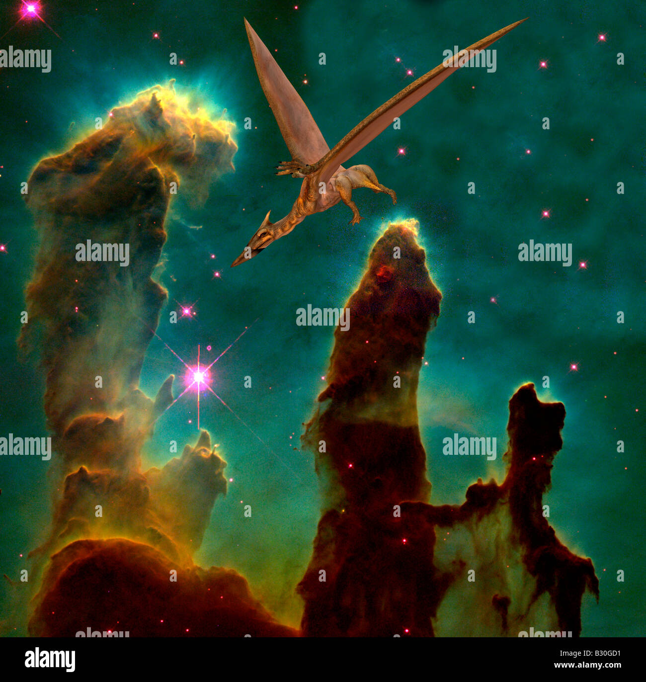 Gas Pillars in the Eagle Nebula M16 and computer generated prehistoric bird Stock Photo