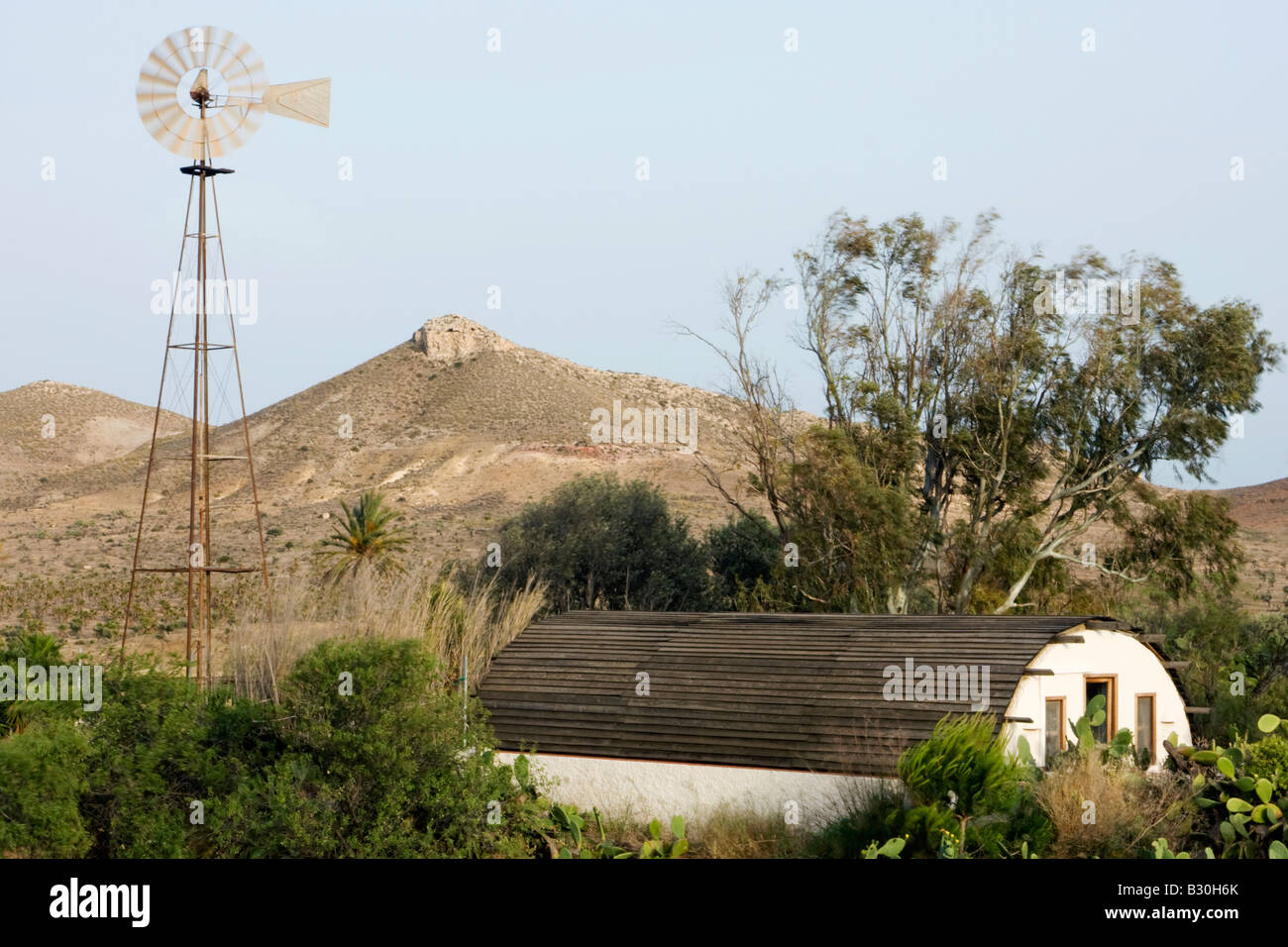 Windmill and house at Rodalquiar, Cabo de Gata, Andalusia, Spain Stock
