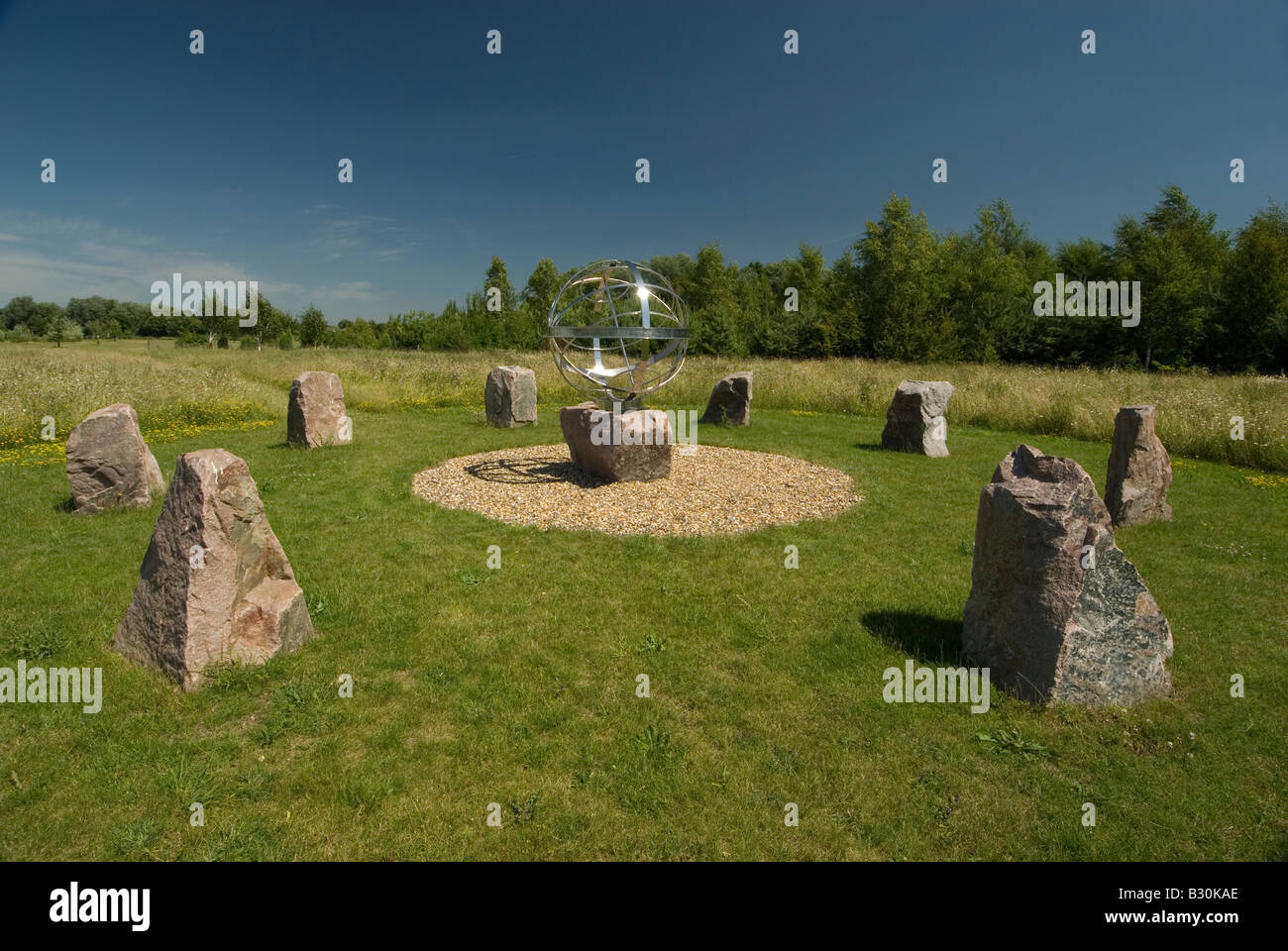 The Armillary Sphere and stone circle at Eton College College Rowing Centre at Dorney Lake Berkshire Stock Photo