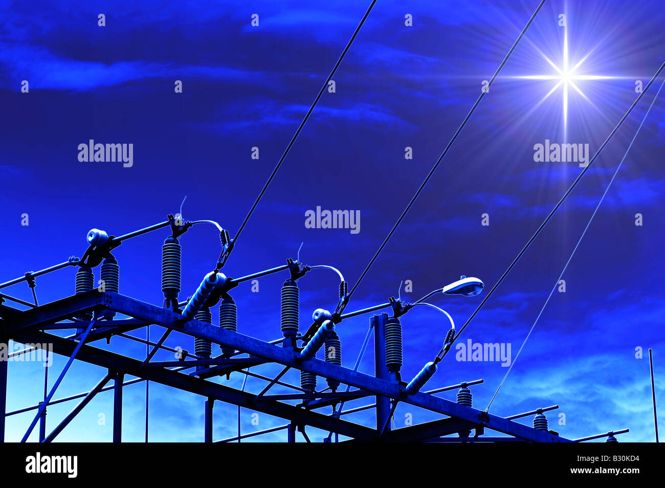 electric power station at night with evening star Stock Photo