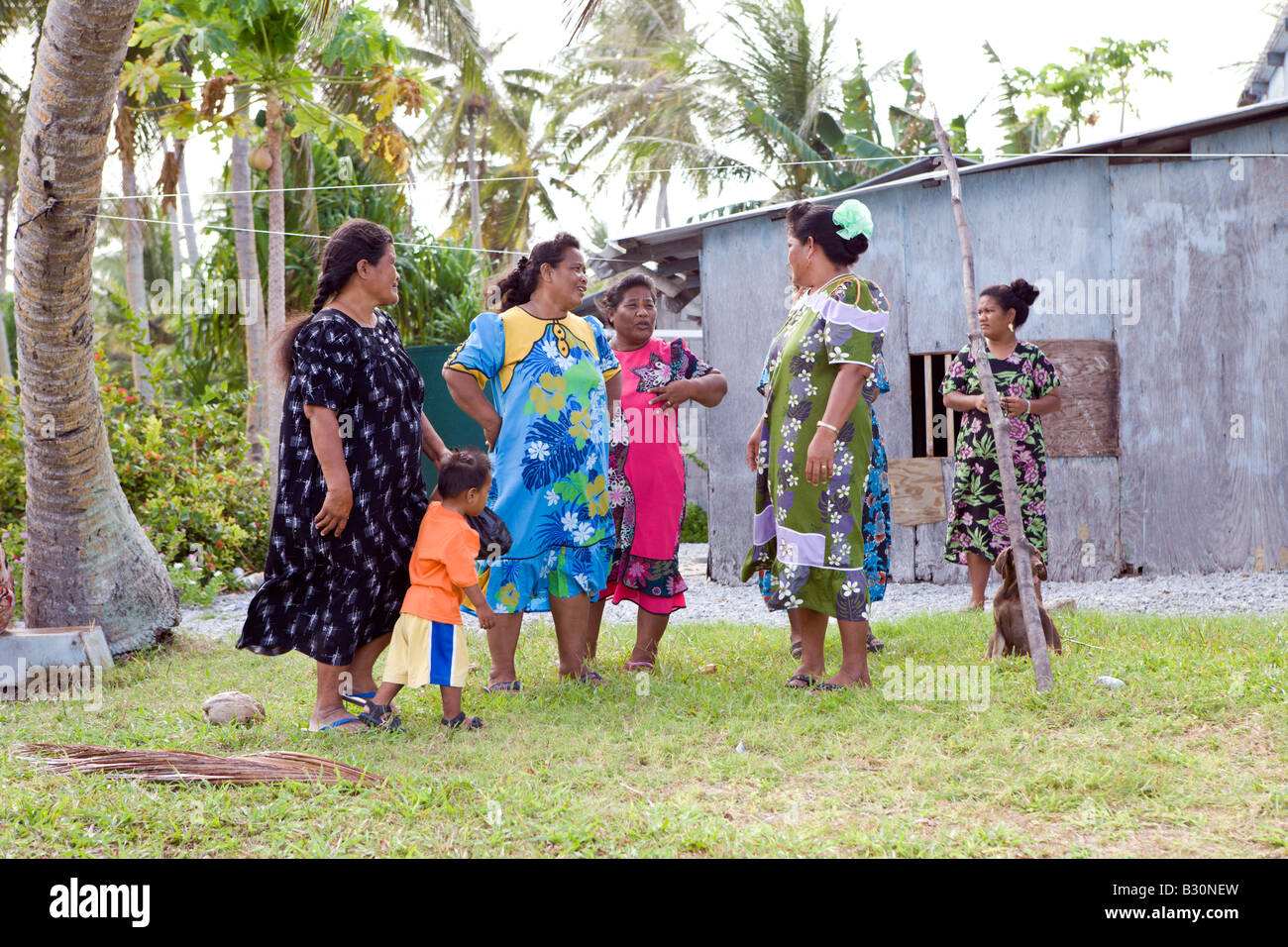 Women and Kids on Woja Island Marshall Islands Ailinglaplap Atoll Micronesia Pacific Ocean Stock Photo