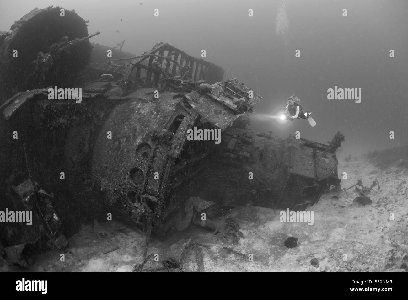 Diver at Bridge of Destroyer USS Anderson Marshall Islands Bikini Atoll Micronesia Pacific Ocean Stock Photo