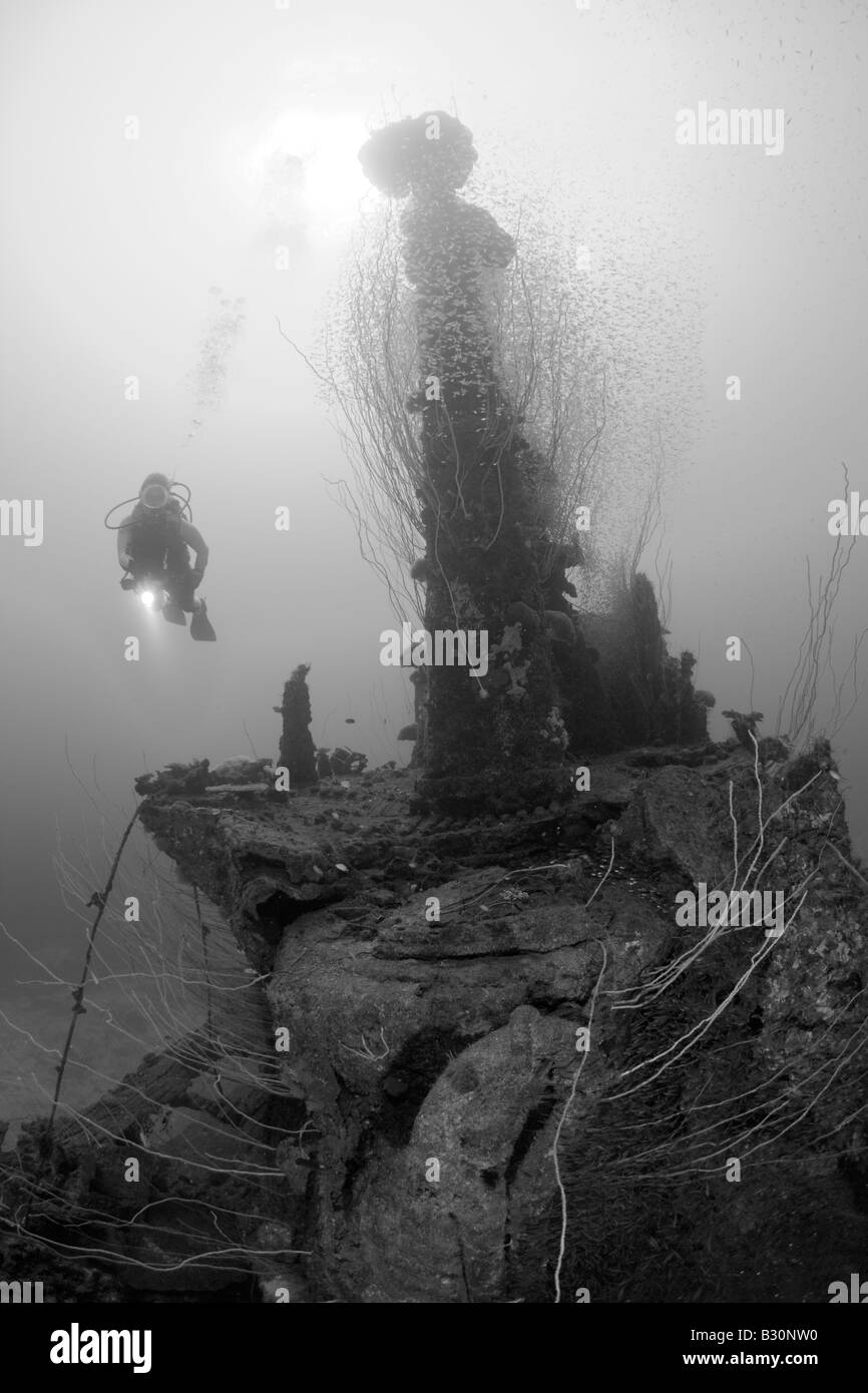 Diver at Tower of USS Apogon Submarine Marshall Islands Bikini Atoll Micronesia Pacific Ocean Stock Photo
