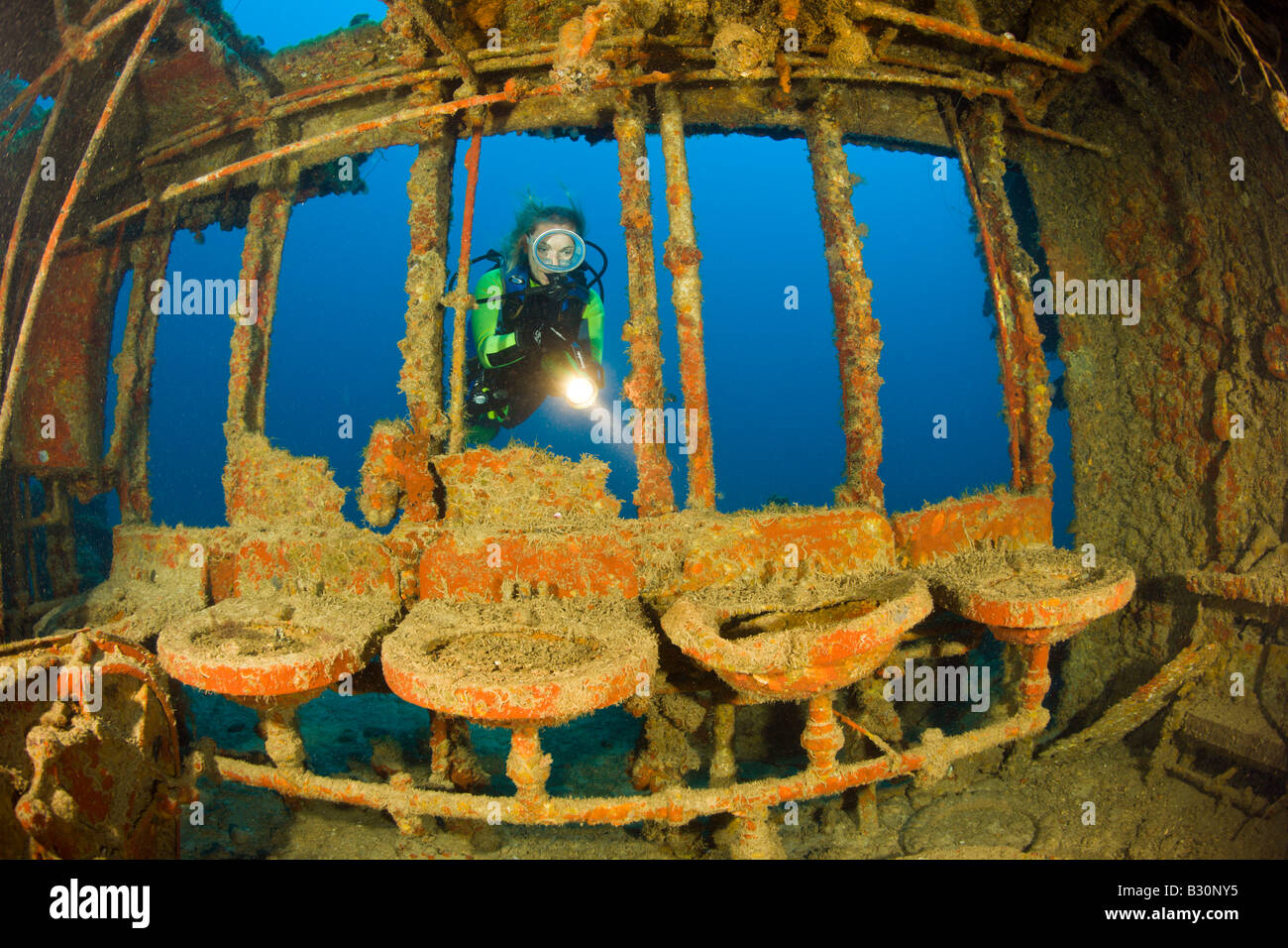 Diver near Lavatory with Sinks at Destroyer USS Lamson Marshall Islands Bikini Atoll Micronesia Pacific Ocean Stock Photo