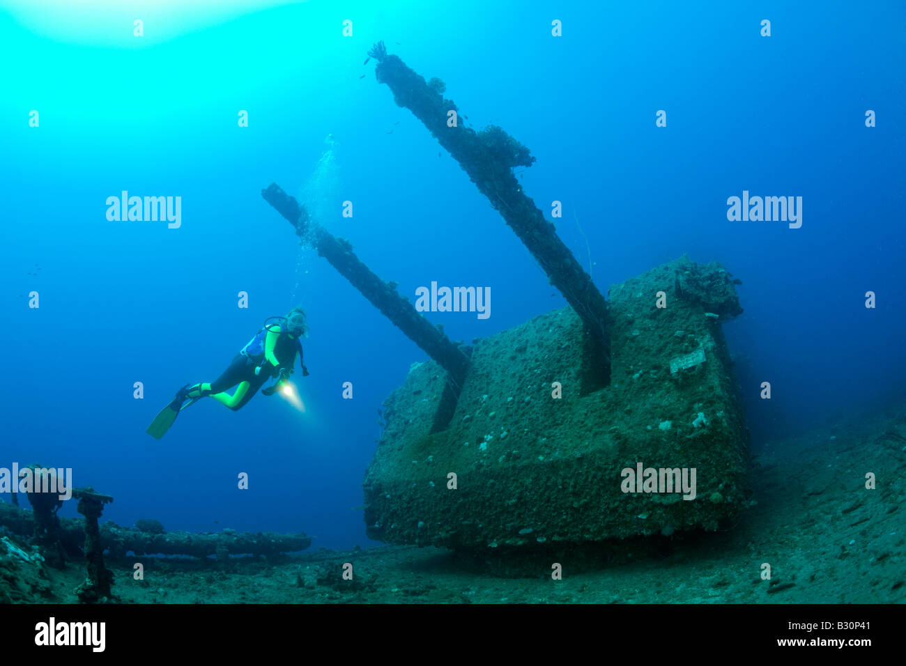 Diver and Twin 8 inch 55 caliber Gun on USS Saratoga Marshall Islands ...