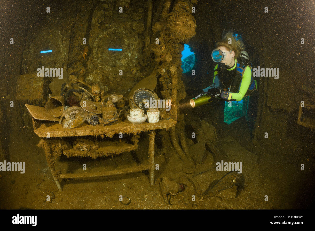 Diver finds Tableware and Artifacts on Brigde of USS Saratoga Marshall Islands Bikini Atoll Micronesia Pacific Ocean Stock Photo
