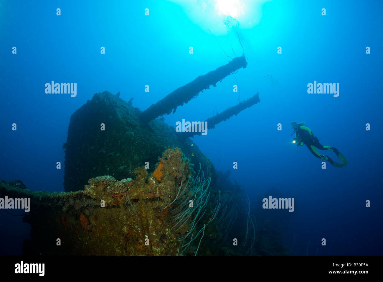 Diver and Twin 8 inch 55 caliber Gun on USS Saratoga Marshall Islands ...