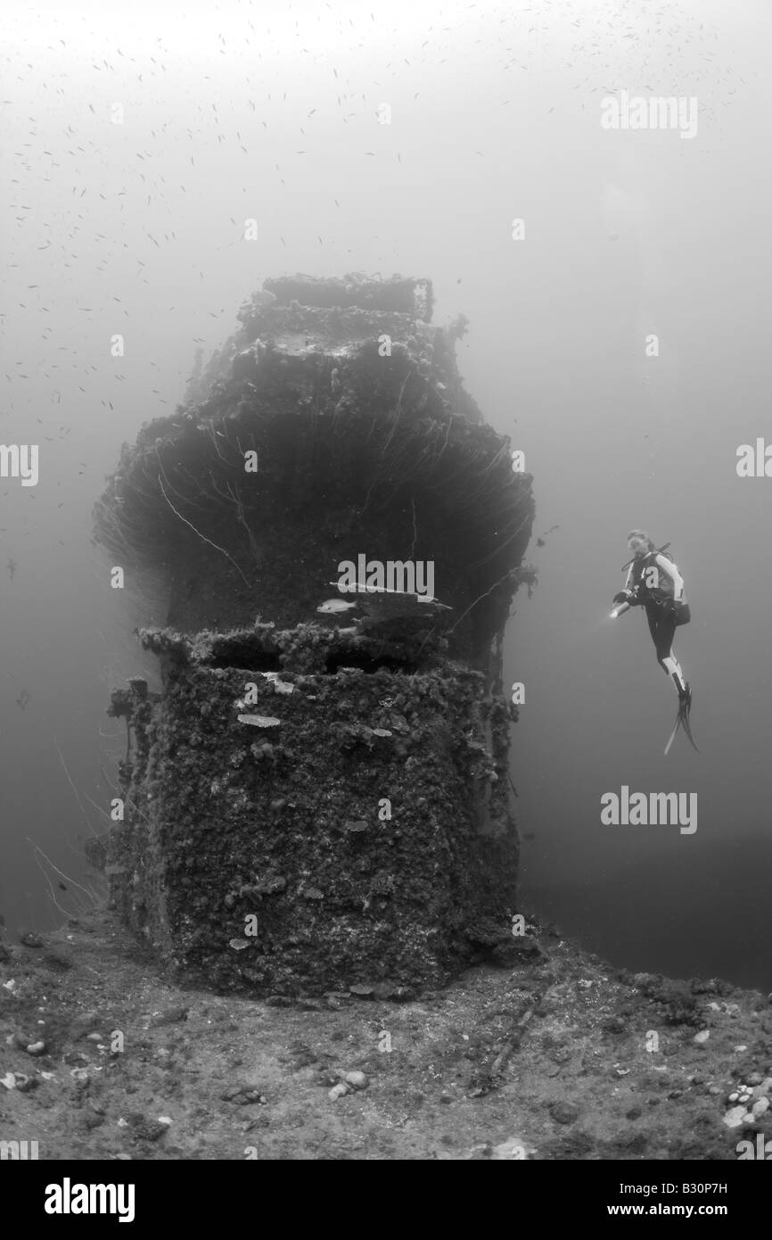 Diver at Bridge of Aircraft Carrier USS Saratoga Marshall Islands Bikini Atoll Micronesia Pacific Ocean Stock Photo