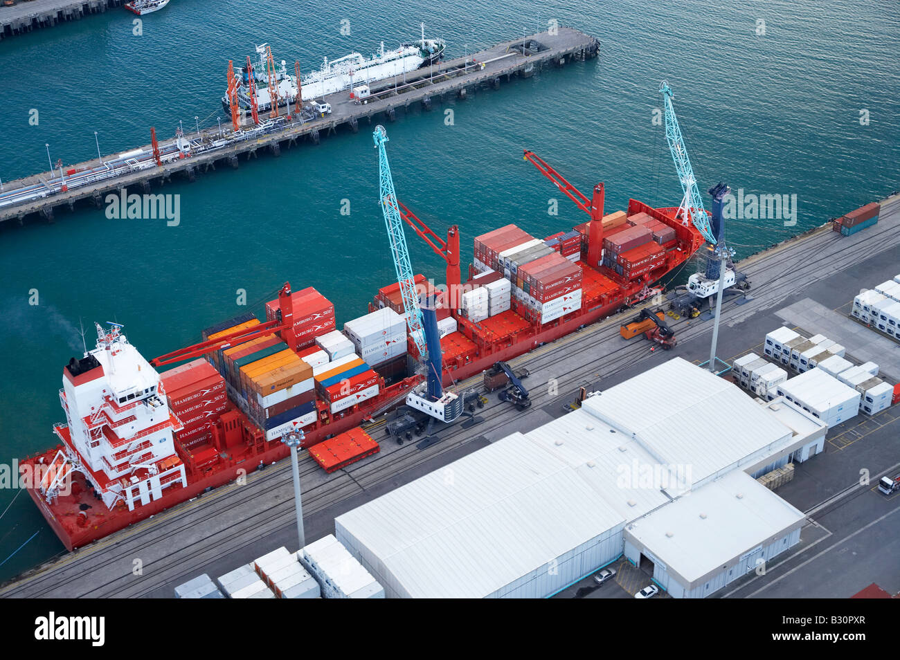 Tasman Crusader Container Ship Port Taranaki New Plymouth Taranaki North Island New Zealand aerial Stock Photo