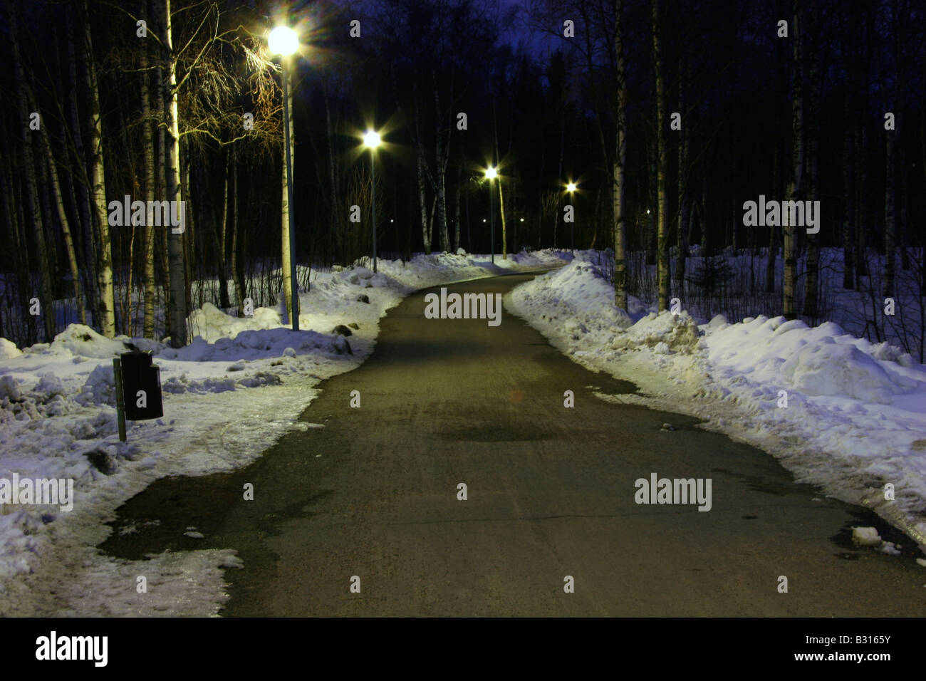 Cycle and foot path at night time in Oulu Finland. Stock Photo