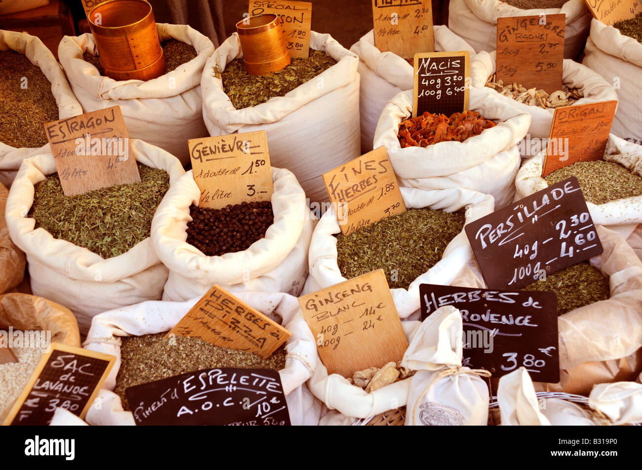 HERBS AND SPICES STALL IN FRENCH MARKET Stock Photo Alamy