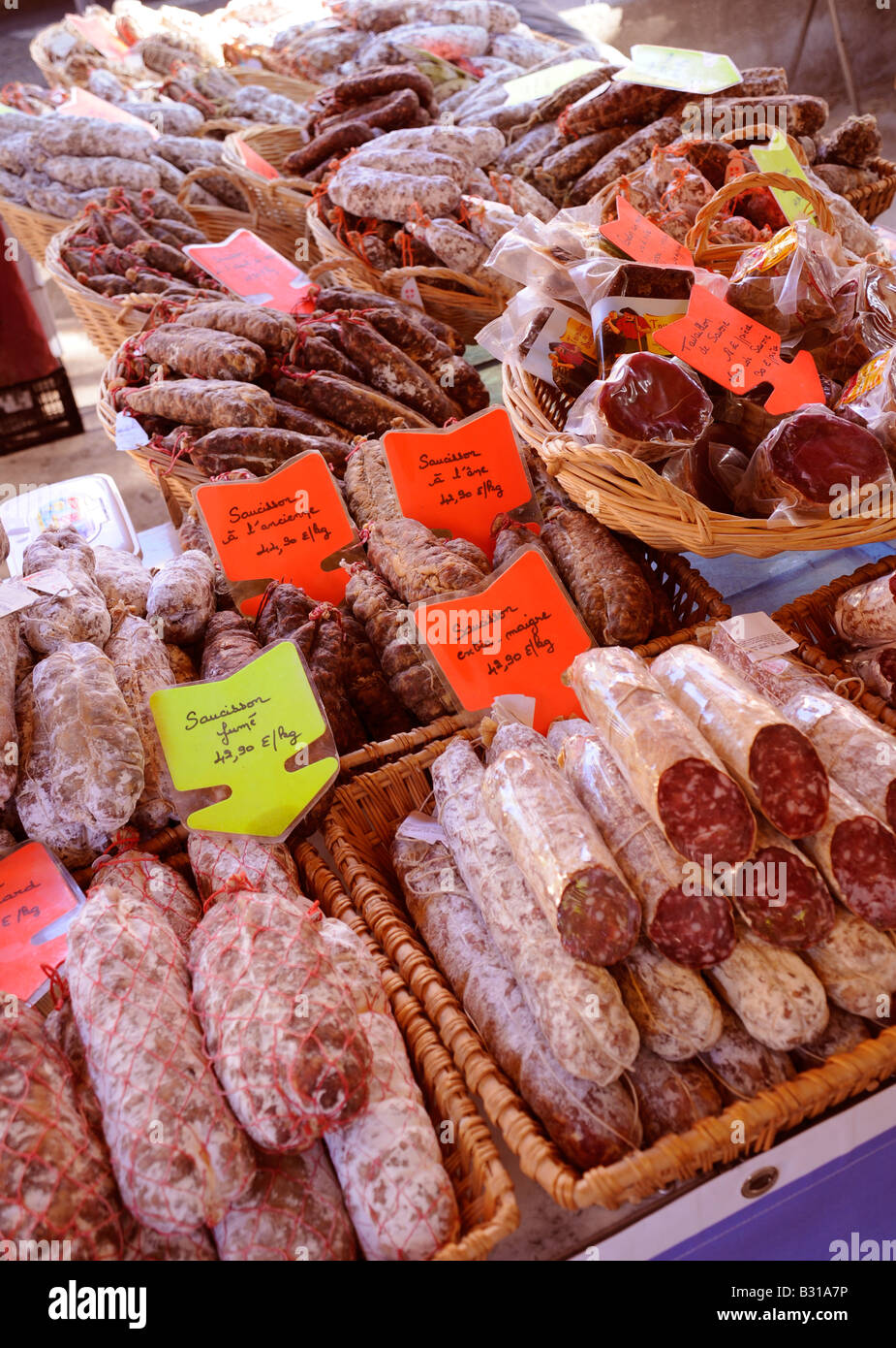 FRENCH SAUSAGES ON STALL IN FRENCH MARKET Stock Photo Alamy