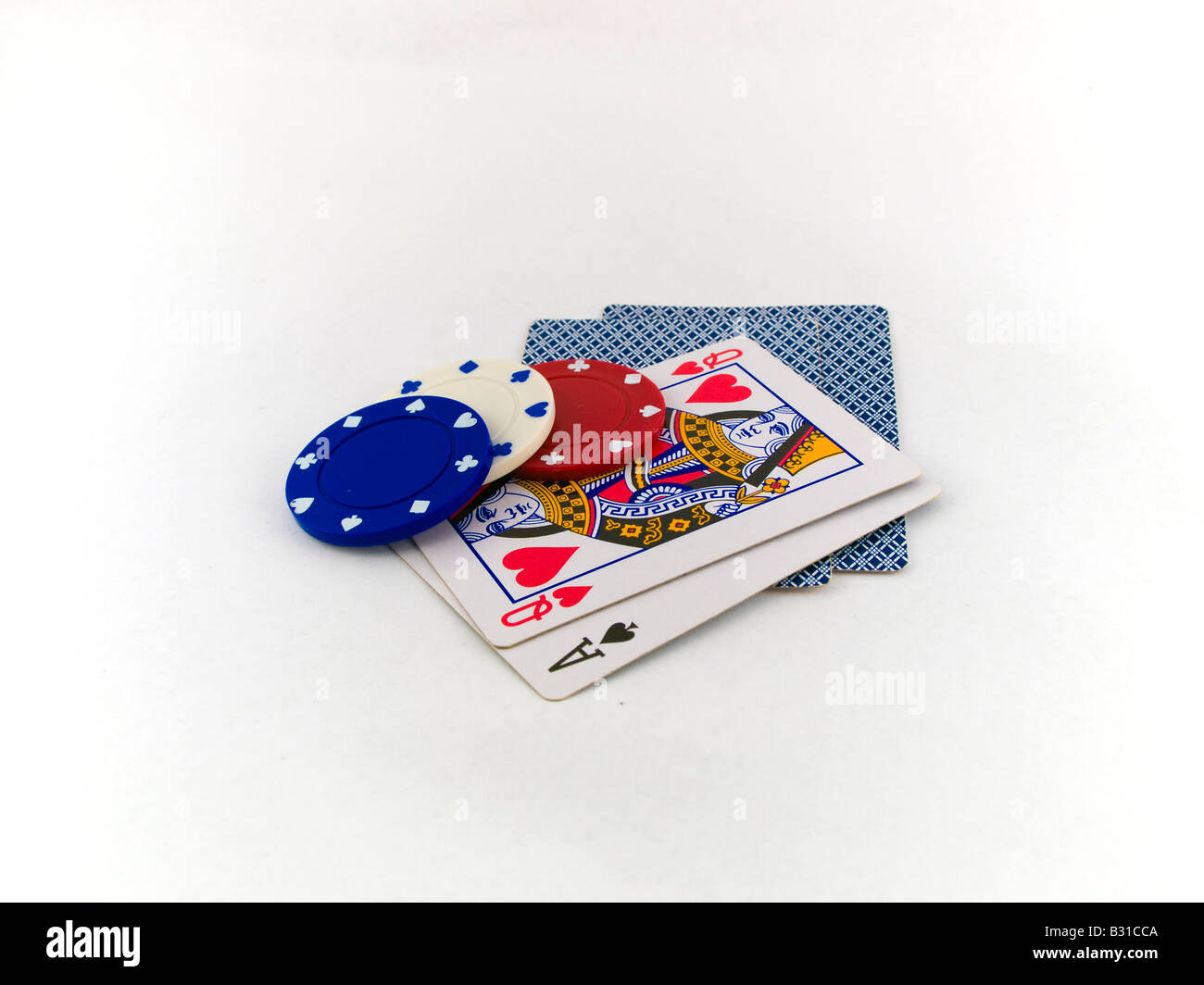 Red White and Blue Poker Chips on Playing Cards Stock Photo Alamy