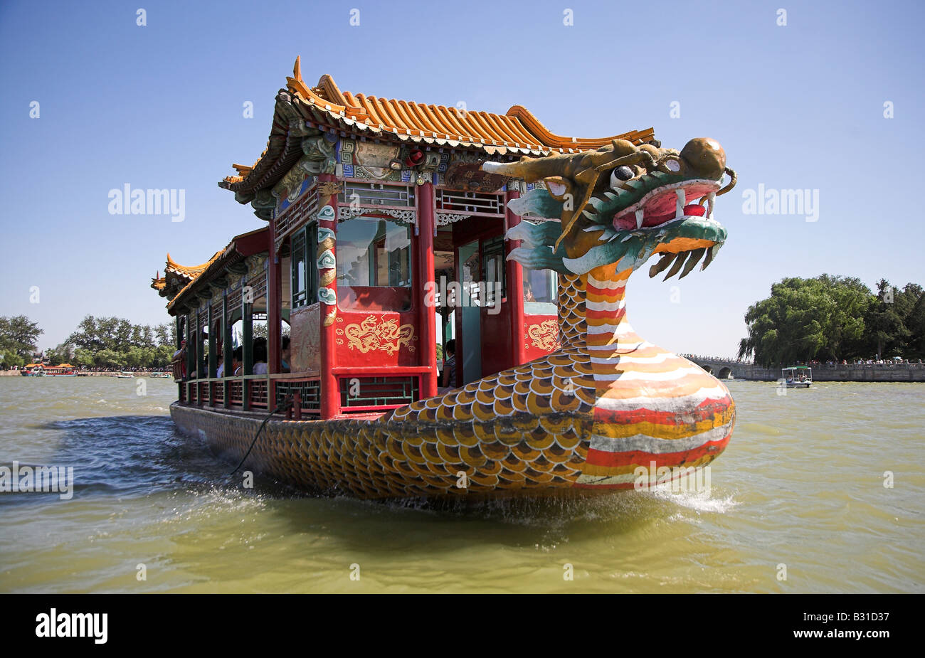 A chinese dragon boat on Kunming Lake in the Summer Palace, Beijing in China. Stock Photo
