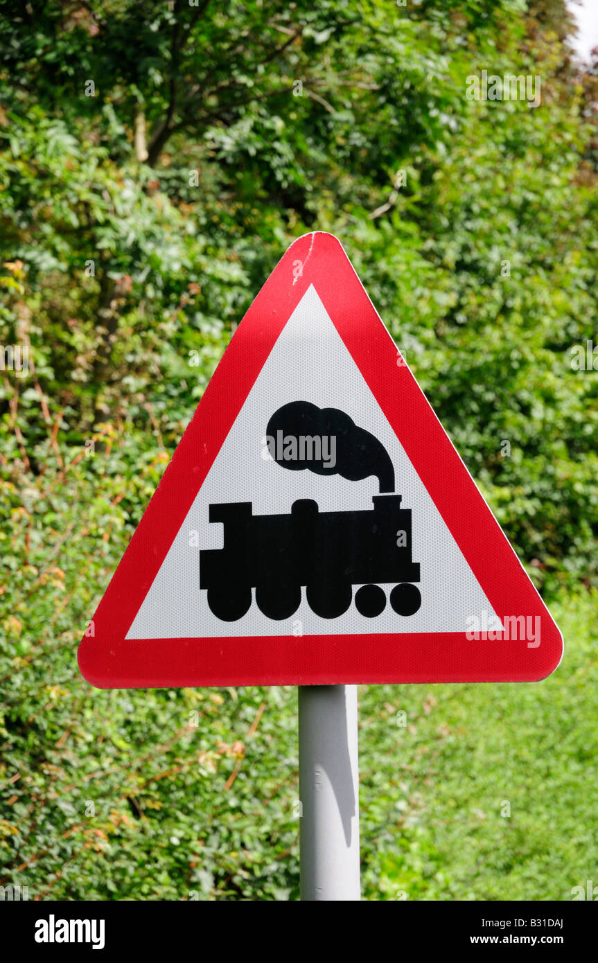 Train Warning Roadsign outside Barrington Cement Plant Cambridgshire England UK Stock Photo