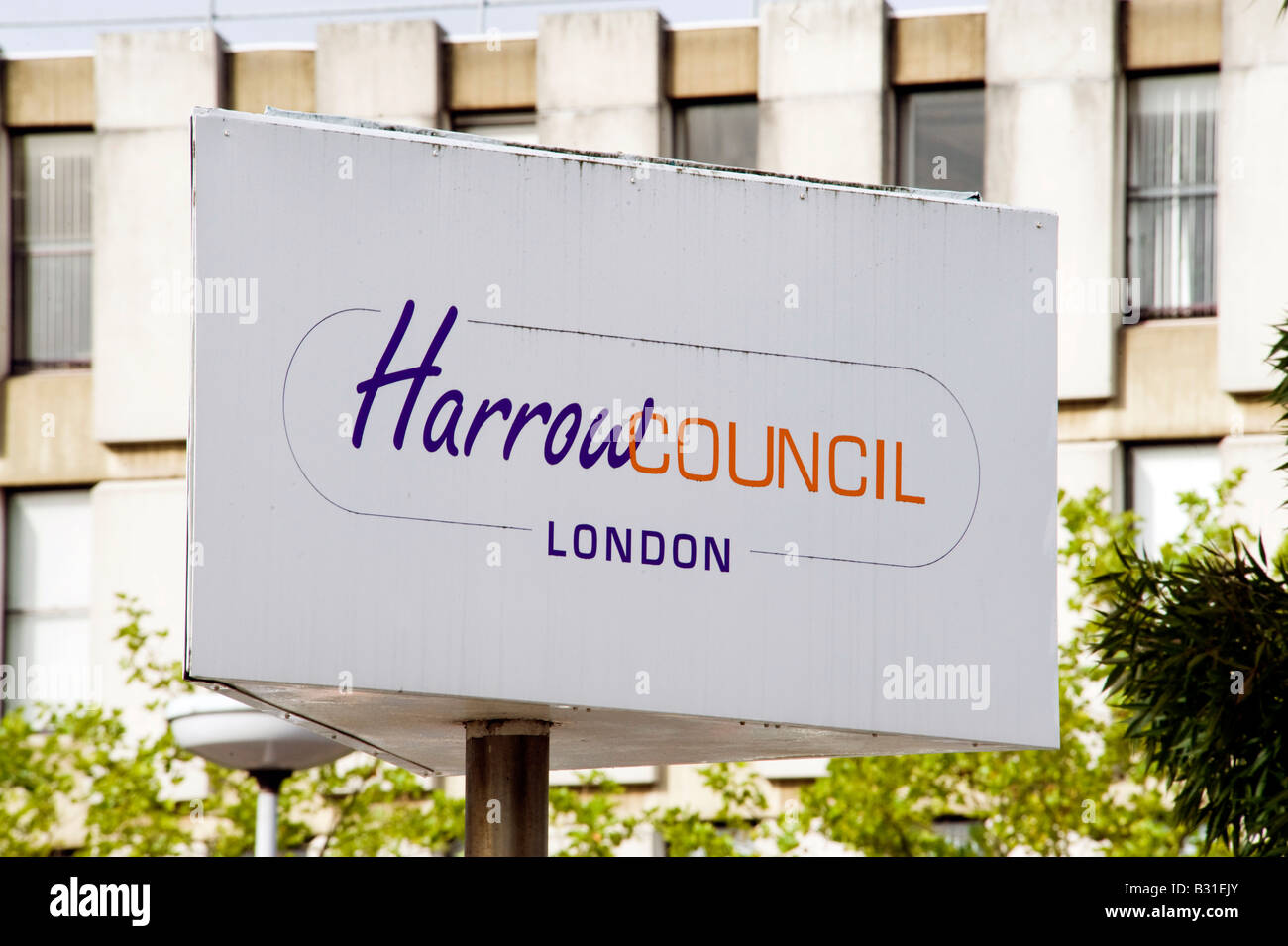 The Harrow Council sign in front of the council building in Station Road Stock Photo