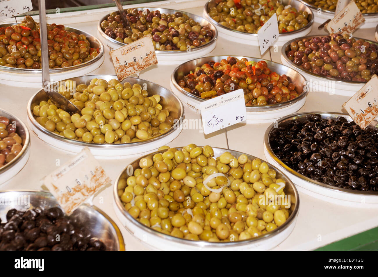 BOWLS OF OLIVES ON MARKET STALL Stock Photo