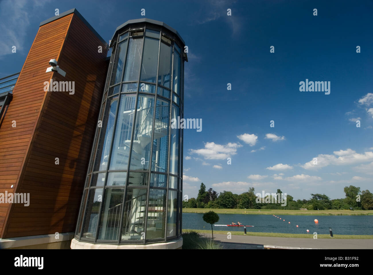 The Eton Suite and finishing tower at Dorney Lake Rowing Centre near Windsor Stock Photo