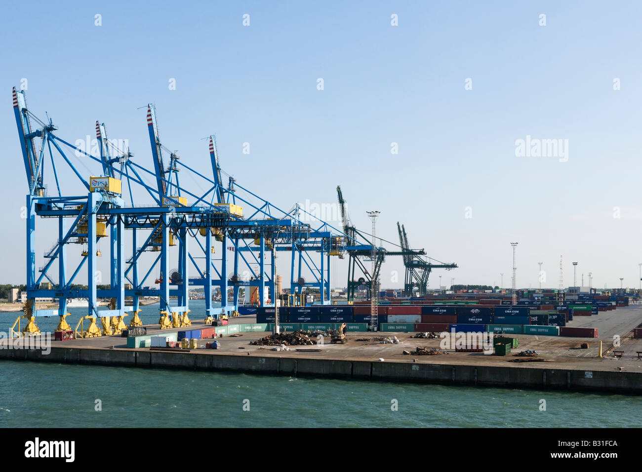 View of cranes and containers from the deck of P&O North Sea Ferry on Hull/Zeebrugge route, Zeebrugge Docks, Belgium Stock Photo