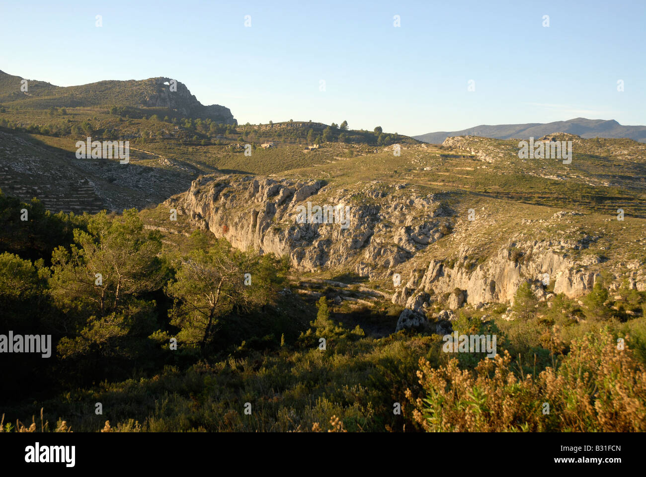 Sierra de Forada & Penya Foradada rock arch, from Vall de Alcala, Marina Alta, Alicante Prov. Comunidad Valenciana, Spain Stock Photo