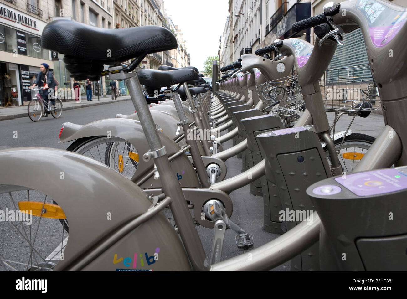 France, Paris, station with Velib bicycles to rent in the Marais Quarter Stock Photo