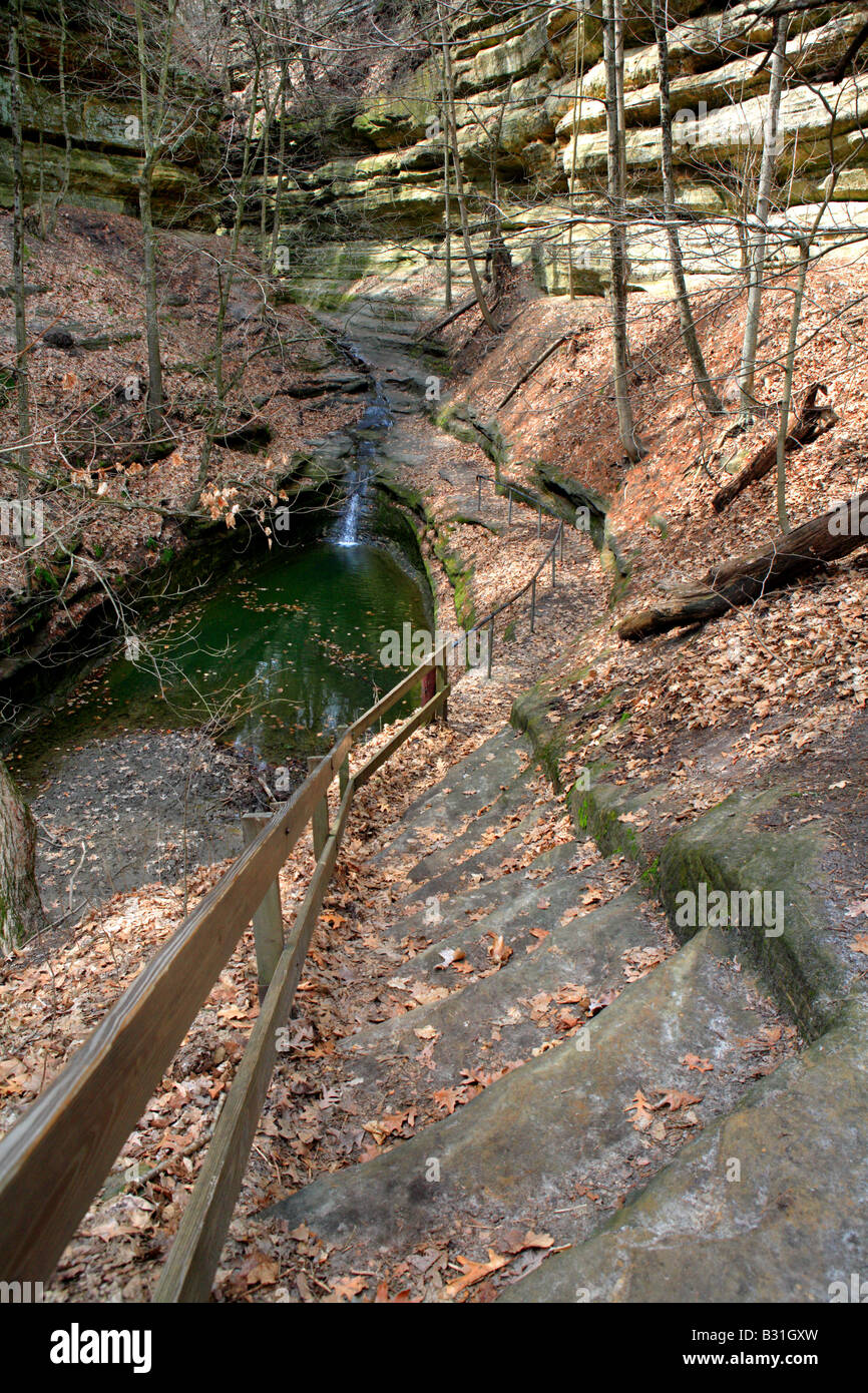 HIKING TRAIL AND A MOSSY POOL IN THE FRENCH CANYON IN STARVED ROCK STATE PARK LA SALLE COUNTY ILLINOIS US Stock Photo