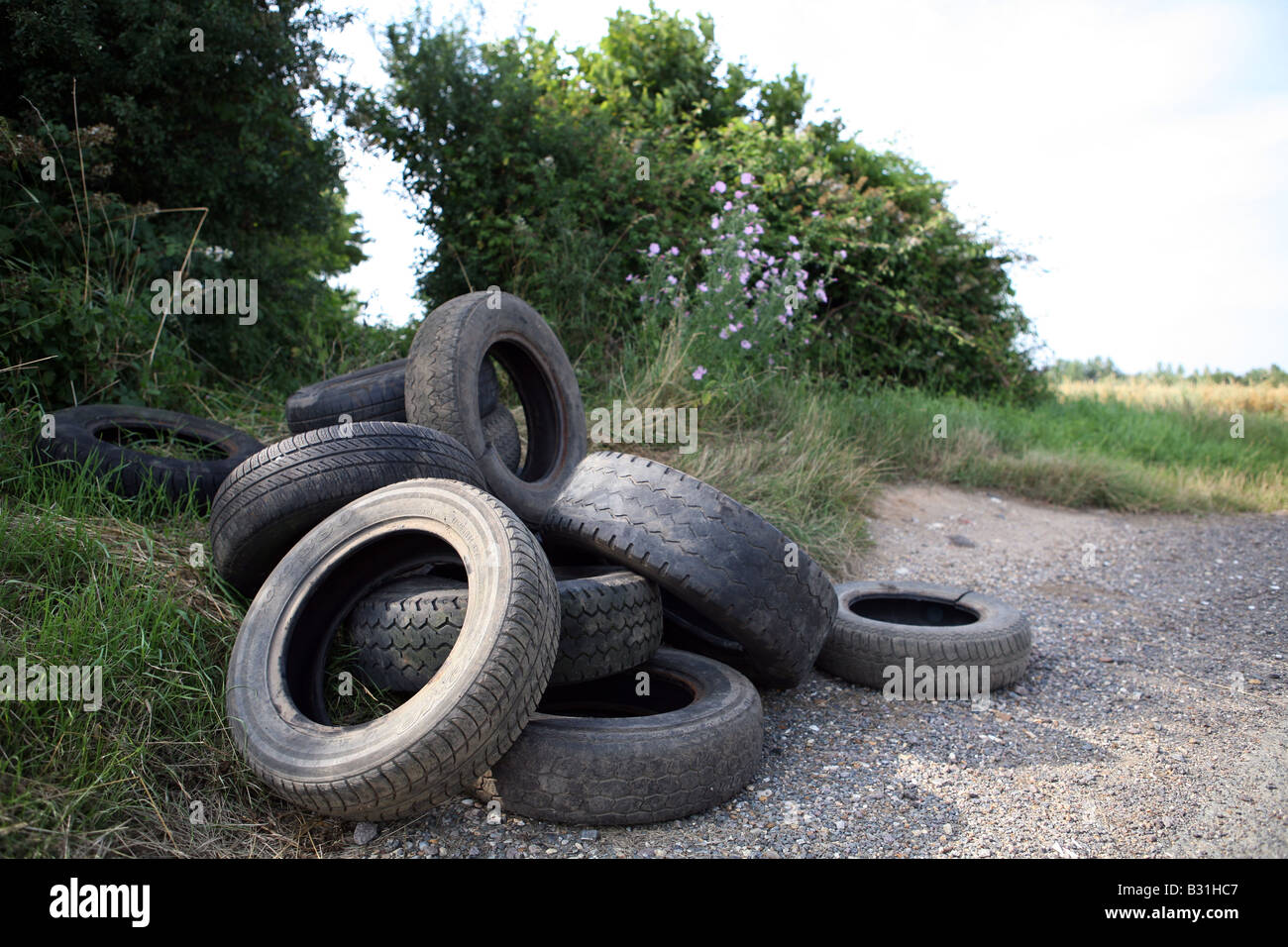 Fly Tipping A pile of old tyres left in the countryside in Suffolk East Anglia Stock Photo