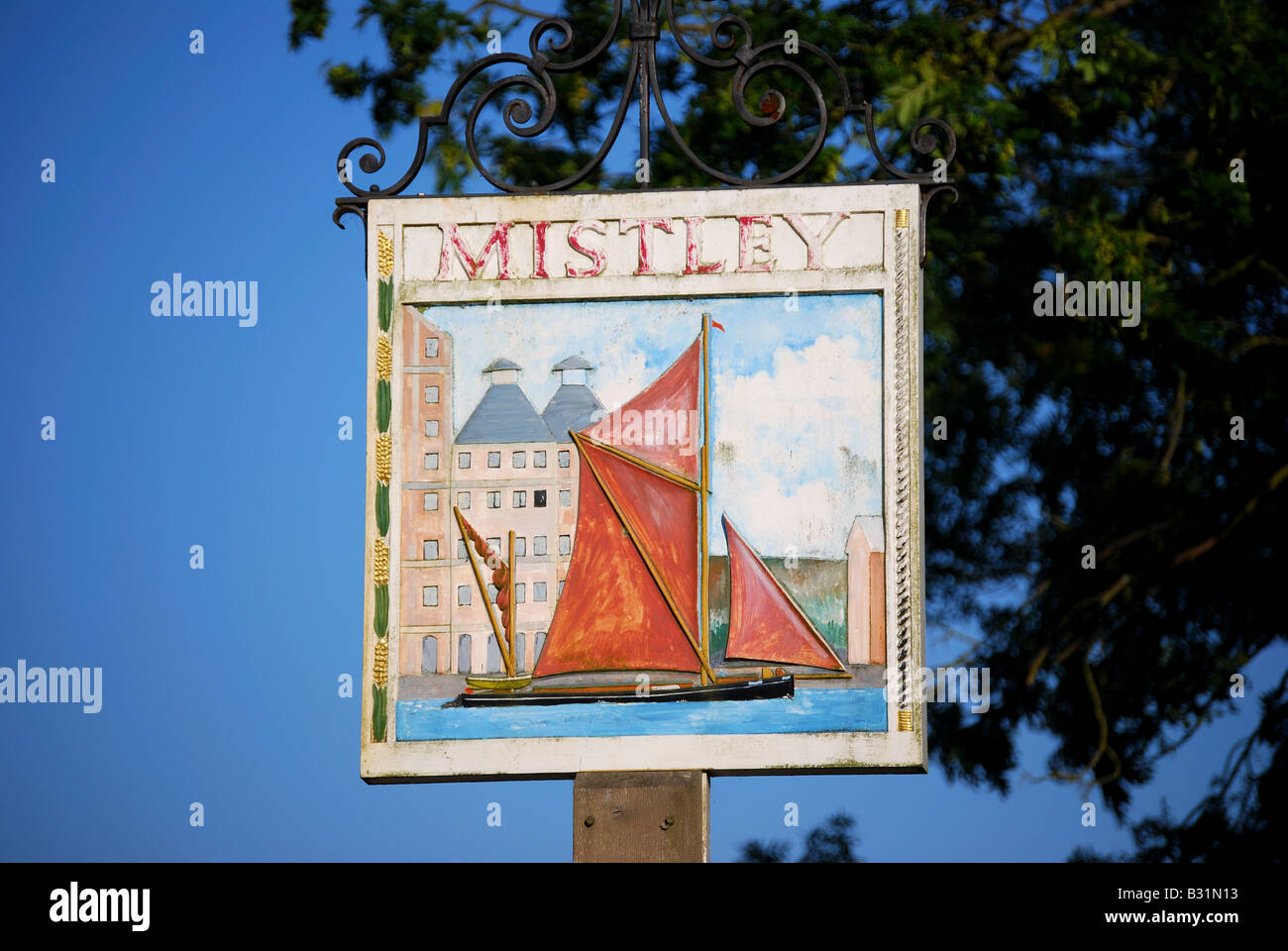 Mistely village sign, Tendring District, Essex, England, United Kingdom Stock Photo
