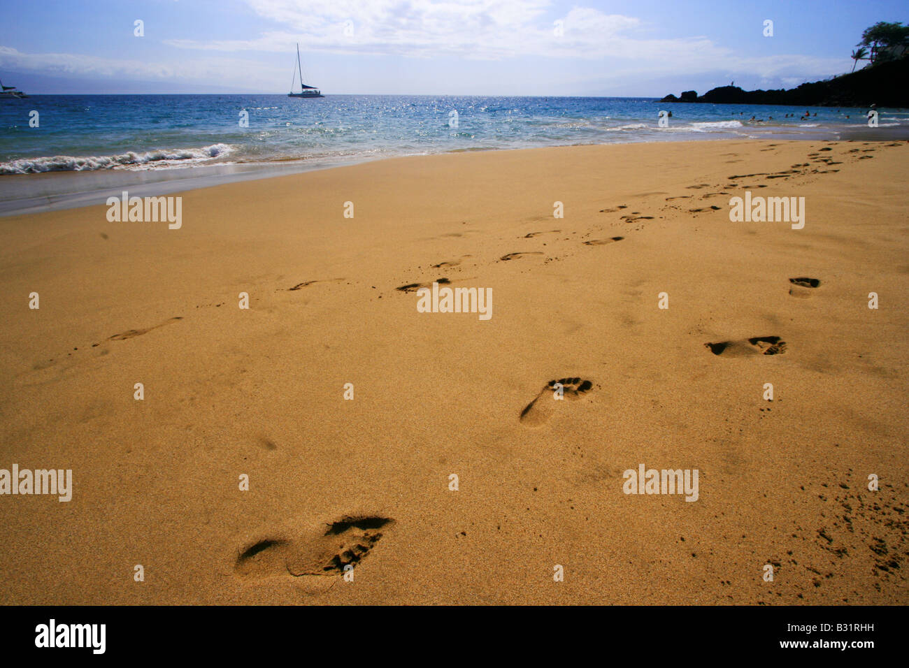 footprints on Kaanapali Beach in Maui, Hawaii Stock Photo