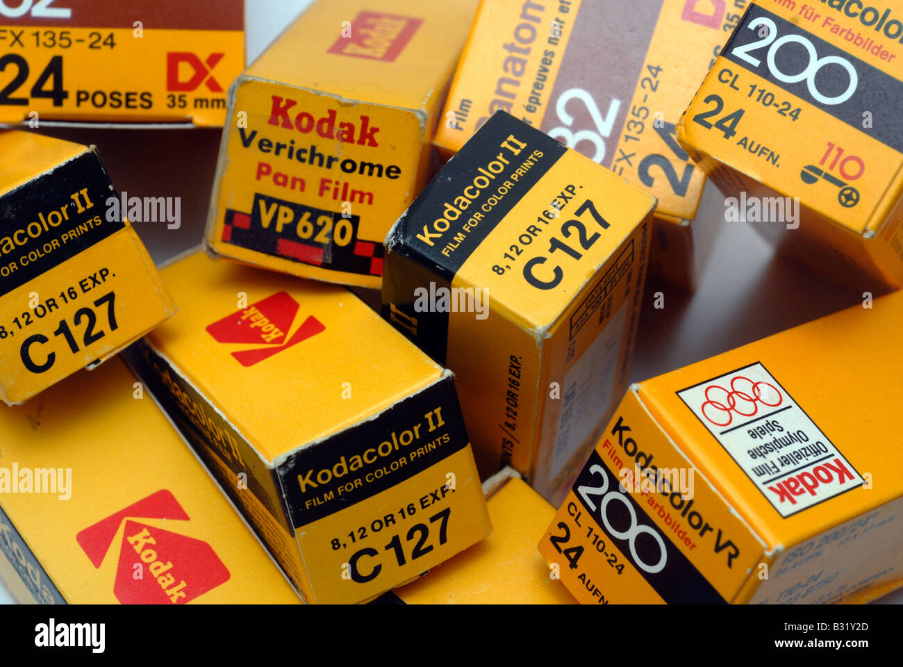 A display of various films in brands and sizes formerly manufactured by the Eastman Kodak Co in their familiar yellow boxes Stock Photo
