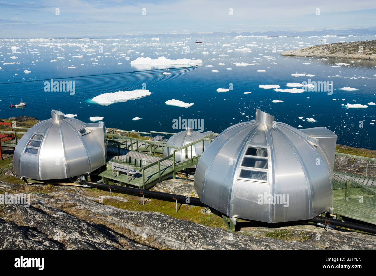 Igloos outside the Arctic Hotel in Ilulissat on Greenland Stock Photo
